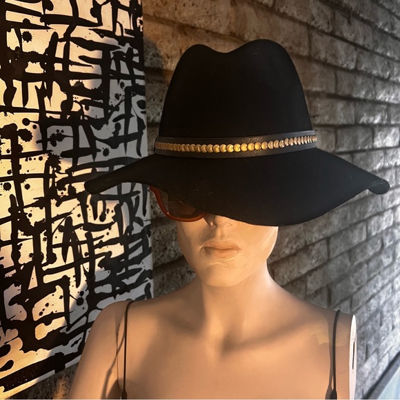 All Saints Black Wide Brim Fedora with Gold Chain Detail - Picture 4 of 5